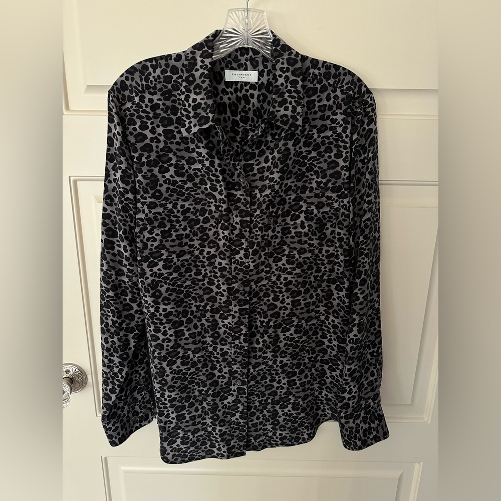 Equipment Silk Black and Gray Leopard Print Button-Up Shirt